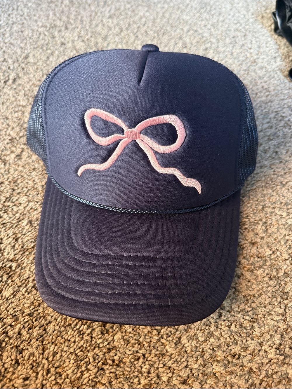 Navy Trucker Hat with Pink Bow Embroidery- No lice home